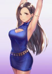 Rule 34 | 1girl, absurdres, anbe yoshirou, armlet, armpits, arms up, blue dress, breasts, brown eyes, brown hair, cleavage, cleavage cutout, closed mouth, clothing cutout, commentary, dress, earrings, final fantasy, final fantasy vii, gradient background, highres, hoop earrings, jewelry, lips, long hair, looking at viewer, medium breasts, parted bangs, shiny skin, short dress, simple background, sleeveless, smile, solo, tifa lockhart, wall market