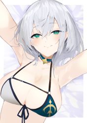 Rule 34 | 1girl, absurdres, adapted costume, alternate costume, arms up, bikini, blue bikini, blue choker, blush, breasts, choker, cleavage, closed mouth, commentary, from above, green eyes, hair between eyes, highres, hinata (hinata-ur), hololive, large breasts, looking at viewer, lying, on back, outstretched arms, pov, shirogane noel, shirogane noel (summer 2020), short hair, silver hair, solo, swimsuit, two-tone bikini, upper body, virtual youtuber, white bikini