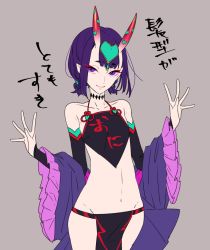 Rule 34 | 1girl, black choker, chinese clothes, choker, closed mouth, commentary request, cowboy shot, detached sleeves, dudou, eyeshadow, fate/grand order, fate (series), flat chest, grey background, hands up, headpiece, heart, highres, horns, japanese clothes, kimono, long sleeves, looking at viewer, low twintails, makeup, off shoulder, pelvic curtain, purple eyes, purple hair, purple kimono, short eyebrows, short hair, shuten douji (fate), shuten douji (fate/grand order), shuten douji (halloween caster) (fate), simple background, smile, solo, tenobe, translation request, twintails, wide sleeves