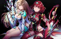 Rule 34 | 2girls, armor, bad id, bad pixiv id, blonde hair, breasts, cleavage, dress, fingerless gloves, gloves, green legwear, ika, large breasts, long hair, looking at viewer, medium breasts, multiple girls, mythra (xenoblade), navel, nintendo, pyra (xenoblade), red eyes, red hair, short hair, smile, sword, thighhighs, weapon, white background, xenoblade chronicles (series), xenoblade chronicles 2, yellow eyes
