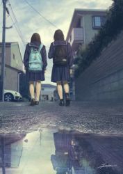 Rule 34 | 2girls, arms at sides, backpack, bag, black footwear, black hair, blouse, building, car, day, different reflection, fracoco, highres, horror (theme), house, motor vehicle, multiple girls, original, outdoors, pleated skirt, power lines, puddle, reflection, school uniform, serafuku, shirt, skirt, socks, utility pole, walking, water