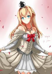 Rule 34 | 10s, 1girl, absurdres, bare shoulders, blonde hair, blue eyes, braid, clothes lift, crown, dress, dress lift, flower, french braid, garter straps, hairband, highres, jewelry, kantai collection, long hair, long sleeves, mini crown, necklace, off-shoulder dress, off shoulder, red flower, red ribbon, red rose, ribbon, rose, saber-freedom, smile, solo, standing, warspite (kancolle), white dress