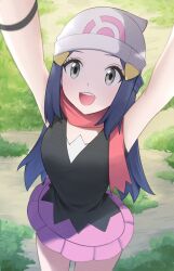 Rule 34 | 1girl, :d, absurdres, arms up, beanie, black hair, black shirt, creatures (company), dawn (pokemon), day, eyelashes, game freak, grass, grey eyes, hair ornament, hairclip, happy, hat, highres, long hair, looking up, nintendo, open mouth, outdoors, pokemon, pokemon dppt, pton uca09, red scarf, scarf, shirt, sidelocks, skirt, sleeveless, sleeveless shirt, smile, solo, standing, teeth, upper teeth only