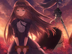 Rule 34 | 1girl, akemi homura, akemi homura (black dress), backlighting, black capelet, black dress, black hair, black hairband, buttons, capelet, cloud, cloudy sky, collared dress, commentary, crying, crying with eyes open, dark sky, dot nose, dress, dual persona, field, flat chest, floating hair, flower, flower field, frilled capelet, frills, funeral dress, furrowed brow, gradient sky, hairband, half-closed eyes, homulilly, layered dress, light particles, long hair, looking down, mahou shoujo madoka magica, mahou shoujo madoka magica: hangyaku no monogatari, orange sky, outdoors, parted lips, petals, red flower, sad, skeleton, sky, solo, spider lily, standing, stocks, streaming tears, sunlight, sunset, tears, v arms, wind, wind lift, witch (madoka magica), yan h chau