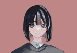 Rule 34 | 1girl, black hair, black sweater, blue eyes, blush, bob cut, brown background, closed mouth, collared shirt, commentary request, light smile, looking at viewer, original, portrait, shirt, short hair, simple background, solo, sweater, tsurara eeri, tsurime, white shirt