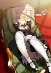 Rule 34 | &gt;:(, 1girl, alternate costume, arms up, artoria pendragon (all), artoria pendragon (fate), bad id, bad pixiv id, black panties, blonde hair, collar, couch, duplicate, enmaided, fate/stay night, fate (series), frown, gloves, hat, hat ribbon, looking at viewer, lying, maid, mary janes, mop, official alternate costume, on back, panties, pantyshot, photoshop (medium), pillow, ribbon, saber alter, saitou masatsugu, shoes, solo, sunlight, thighhighs, underwear, v-shaped eyebrows, white gloves, white thighhighs, wrist cuffs, yellow eyes