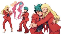 Rule 34 | 1boy, 1girl, ?, alternate costume, black shirt, blonde hair, blush, boku no hero academia, breasts, closed eyes, collared shirt, commentary, dancing, formal, freckles, full body, green hair, happy, high heels, highres, holding hands, jacket, lc. universe, long hair, long sleeves, looking at another, medium breasts, melissa shield, midoriya izuku, necktie, open mouth, pants, red footwear, red jacket, red necktie, red pants, red suit, shirt, shoes, short hair, simple background, smile, standing, striped necktie, suit, symbol-only commentary, v, white background, white footwear