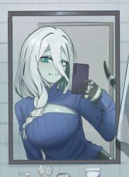 Rule 34 | 1girl, bathroom, blue eyes, blue sweater, borrowed character, braid, breasts, cleavage, cleavage cutout, closed mouth, clothing cutout, colored skin, fang, glasgow smile, green hair, green skin, holding, holding phone, indoors, ivy (sparrowl), lamia, large breasts, long hair, long sleeves, looking at viewer, mirror, monster girl, multicolored skin, original, phone, reflection, selfie, shying dear, side braid, slit pupils, solo, sweater, tile wall, tiles, toothbrush, towel, turtleneck, turtleneck sweater, upper body