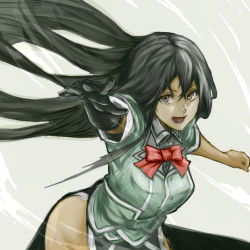 Rule 34 | 1girl, black gloves, black hair, bow, bowtie, breasts, brown eyes, chikuma (kancolle), gloves, grey background, hair between eyes, kantai collection, long hair, nona (goodboy), open mouth, pelvic curtain, red bow, red bowtie, short sleeves, simple background, single glove, solo