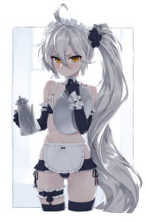 Rule 34 | 1girl, absurdly long hair, ahoge, apron, bad id, bad pixiv id, bare shoulders, bikini, black bikini, black bow, black gloves, black skirt, black thighhighs, blush, bow, breasts, bridal garter, cowboy shot, cropped legs, detached collar, elbow gloves, girls&#039; frontline, gloves, gluteal fold, hair between eyes, hair ornament, hair scrunchie, highres, kylin, long hair, looking at viewer, maid, maid bikini, maid headdress, microskirt, navel, pkp (girls&#039; frontline), scrunchie, side-tie bikini bottom, side ponytail, silver hair, skirt, small breasts, solo, standing, sweatdrop, swimsuit, teapot, thighhighs, tray, unconventional maid, very long hair, wrist cuffs, yellow eyes