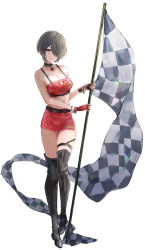 Rule 34 | 1girl, absurdres, black footwear, boots, breasts, brown hair, cleavage, cleavage cutout, closed mouth, clothing cutout, fingerless gloves, flag, full body, gloves, hair over one eye, highres, holding, holding flag, honkai (series), honkai impact 3rd, looking at viewer, maria (syake-uni), mole, mole under eye, purple eyes, race queen, red shirt, red skirt, rita rossweisse, shirt, short hair, simple background, skirt, sleeveless, sleeveless shirt, smile, solo, standing, thigh boots, white background