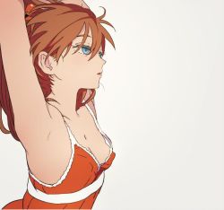 Rule 34 | 1girl, armpits, arms up, bare shoulders, blue eyes, breasts, brown hair, camisole, covered erect nipples, jpeg artifacts, long hair, mebae, neon genesis evangelion, open mouth, simple background, small breasts, solo, souryuu asuka langley, upper body