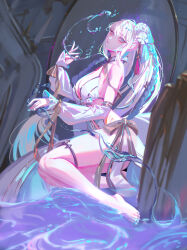 Rule 34 | 1girl, bikini, braid, breasts, fate (series), flower, full body, hair flower, hair ornament, highres, large breasts, long hair, long sleeves, looking at viewer, morgan le fay (fate), morgan le fay (water princess) (fate), official alternate costume, sansan (dongfangzhong111), solo, swimsuit, very long hair, wading, water, white bikini, white eyes, white flower, white hair