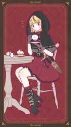 Rule 34 | 1girl, black footwear, blonde hair, blush, boots, border, cake, chair, copyright request, cup, food, full body, gloves, grey gloves, highres, hood, hood up, looking at viewer, multicolored hair, plate, red background, red eyes, red hair, red skirt, short hair, sitting, skirt, solo, strawberry shortcake, streaked hair, sugar cube, table, teacup, yoshimon