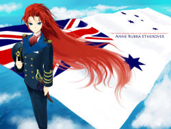 Rule 34 | 1girl, alf874, australia, bad id, bad pixiv id, blue eyes, english text, flag, long hair, military, military uniform, original, red hair, solo, uniform, union jack, very long hair, wind