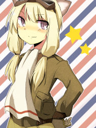 Rule 34 | 1girl, animal ears, blonde hair, carla j. luksic, gloves, goggles, hand on own hip, jacket, kiko (strategist), light smile, military, military uniform, noble witches, purple eyes, sidelocks, solo, star (symbol), strike witches, striped, striped background, uniform, world witches series