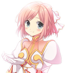 Rule 34 | 1girl, ayamisiro, blue eyes, blush, closed mouth, dress, estellise sidos heurassein, eyebrows hidden by hair, gloves, hair ribbon, hands up, juliet sleeves, long sleeves, looking at viewer, pink hair, puffy sleeves, ribbon, short hair, simple background, smile, solo, swept bangs, tales of (series), tales of vesperia, upper body, white background, white dress, white gloves, white ribbon