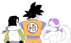Rule 34 | 10s, 3boys, puff of air, alien, android 17, annoyed, artist name, azu (kirara310), back turned, bad id, bad twitter id, belt, black hair, blue eyes, commentary request, crossed arms, dougi, dragon ball, dragon ball super, dragonball z, frieza, hands on another&#039;s shoulder, height difference, long sleeves, looking at another, male focus, martial arts belt, multiple boys, muscular, open mouth, pants, short hair, simple background, son goku, spiked hair, tail, team, white background, wristband