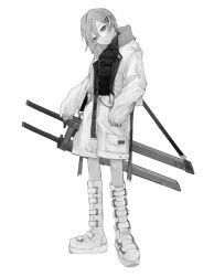 Rule 34 | 1girl, absurdres, black shirt, boots, commentary, ear piercing, earrings, full body, grey eyes, grey hair, greyscale, hair between eyes, head tilt, highres, jacket, jewelry, kajiwara 3, knee boots, long sleeves, looking at viewer, monochrome, open clothes, open jacket, original, parted lips, piercing, scabbard, sheath, shirt, short hair, shorts, signature, simple background, solo, standing, variant set, weapon, white background, white footwear, white jacket, white shorts