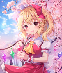 Rule 34 | 1girl, absurdres, back bow, blonde hair, blush, bow, cherry blossoms, crystal, day, fang, flandre scarlet, flower, hair bow, hair flower, hair ornament, hanen (borry), hat, highres, holding, long hair, looking at viewer, mob cap, outdoors, petals, red bow, red eyes, red skirt, red vest, shirt, short sleeves, side ponytail, skirt, smile, solo, touhou, tree, vest, white bow, white hat, white shirt, wings, wrist cuffs
