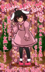 Rule 34 | 1girl, ahoge, animal ears, bamboo, black hair, black pantyhose, blush, bright pupils, carrot necklace, closed mouth, commentary request, dress, english text, flat chest, floppy ears, full body, german text, happy new year, inaba tewi, jewelry, kadomatsu, kide koushin, long sleeves, looking at viewer, necklace, new year, pantyhose, pigeon-toed, pink dress, rabbit ears, rabbit girl, red eyes, red footwear, shoes, short hair, sleeves past wrists, smile, solo, touhou, translation request, v, white pupils