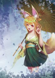 Rule 34 | 1girl, :d, absurdres, animal ear fluff, animal ears, bad id, bad pixiv id, blonde hair, breasts, day, fang, flower, fox ears, fox tail, full body, green skirt, hand up, highres, izumi (sdorica), looking at viewer, open mouth, outdoors, parasol, penkake, red eyes, sdorica, skirt, small breasts, smile, solo, standing, tail, umbrella, wide sleeves