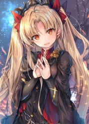 Rule 34 | 1girl, :d, black coat, black nails, blonde hair, coat, earrings, ereshkigal (fate), ereshkigal (third ascension) (fate), fal maro, fate/grand order, fate (series), hair ribbon, highres, jewelry, long hair, long sleeves, looking at viewer, nail polish, open mouth, orange eyes, parted bangs, ribbon, smile, solo, steepled fingers, tohsaka rin, two side up