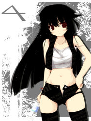 Rule 34 | 1girl, ai takurou, black hair, blush, brown eyes, camisole, denim, denim shorts, long hair, midriff, open fly, original, red eyes, short shorts, shorts, strap slip, thighhighs, unzipped, vest