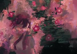 Rule 34 | 1girl, black hair, cocontma, covered mouth, flower, grey shirt, highres, leaf, long hair, looking at viewer, original, pink flower, pink theme, purple eyes, shirt, short sleeves, solo, upper body