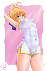 Rule 34 | 10s, 1girl, 2016, abs, ahoge, alternate costume, armpits, arms up, artoria pendragon (all), artoria pendragon (fate), bad id, bad nicoseiga id, bare legs, bare shoulders, blonde hair, blue ribbon, blush, border, breasts, china dress, chinese clothes, colored eyelashes, covered navel, cowboy shot, dated, dress, eyebrows, fate/stay night, fate (series), female focus, green eyes, hair ribbon, muscular, muscular female, outside border, pink background, ribbon, saber (fate), short dress, short hair, side slit, simple background, skin tight, skirt drape, sleeveless, sleeveless dress, solo, standing, stretching, tareme, thighs, white border, white dress, yamasan (hachiman)