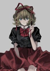 Rule 34 | 1girl, absurdres, black shirt, blonde hair, blue eyes, blush, bow, bowtie, closed mouth, cowboy shot, expressionless, gotagotay, grey background, hair between eyes, hair ribbon, highres, holding, holding ribbon, looking at viewer, medicine melancholy, puffy short sleeves, puffy sleeves, red bow, red bowtie, red ribbon, red skirt, ribbon, shirt, short hair, short sleeves, simple background, skirt, solo, touhou