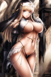 Rule 34 | 1girl, bare shoulders, blonde hair, breasts, commentary, cowboy shot, english commentary, eyebrows visible through hair, gloves, habit, highres, kouson33, large breasts, long hair, looking at viewer, navel, nun, original, revealing clothes, solo, standing, stomach, underboob, watermark