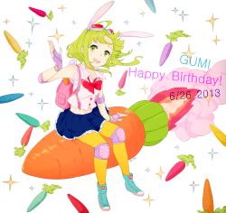 Rule 34 | 1girl, :d, animal ears, backpack, bad id, bad pixiv id, bag, carrot, fake animal ears, fingerless gloves, gloves, goggles, goggles on head, green eyes, green hair, gumi, happy birthday, kise (swimmt), looking at viewer, matching hair/eyes, navel, open mouth, pantyhose, pleated skirt, rabbit ears, red-tinted eyewear, rocket, shoes, short hair, sitting, skirt, smile, solo, tinted eyewear, vocaloid, waving, yellow pantyhose