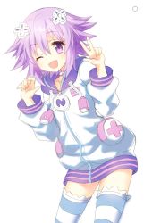 Rule 34 | 10s, 1girl, bad id, bad pixiv id, blush, d-pad, hair ornament, highres, hood, hoodie, narinn, neptune (neptunia), neptune (series), one eye closed, purple eyes, purple hair, smile, solo, striped clothes, striped thighhighs, thighhighs, v