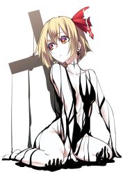 Rule 34 | + +, 1girl, barefoot, breasts, closed mouth, completely nude, cross, cross earrings, earrings, hair ornament, highres, jewelry, latin cross, medium hair, nude, pale skin, red eyes, rumia, scar, scar on neck, shukusuri, slime (substance), small breasts, solo, surgical scar, touhou
