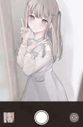 Rule 34 | 1girl, bad id, bad pixiv id, blue dress, blurry, blurry background, brown hair, closed mouth, collared dress, commentary request, depth of field, double v, dress, frilled shirt collar, frills, grey eyes, grey nails, hair ornament, hairclip, hands up, highres, light smile, long hair, long sleeves, looking at viewer, nail polish, one side up, original, fake phone screenshot, shirt, sleeveless, sleeveless dress, solo, tsuruse, v, white shirt
