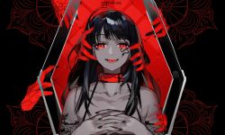 Rule 34 | 1girl, artist name, black hair, black nails, coffin, collar, collarbone, eye (vocaloid), eyelashes, hands over breasts, highres, interlocked fingers, limited palette, nail polish, open mouth, own hands clasped, own hands together, red theme, rina (crystalrina), solo, tattoo, teeth, vocaloid