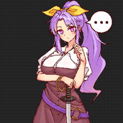 Rule 34 | ..., 1girl, belt, black background, bracelet, breasts, closed mouth, commentary request, dress, eaglov, hair ribbon, hand on hilt, jewelry, large breasts, long hair, looking at viewer, parted bangs, pink eyes, pixel art, ponytail, purple hair, ribbon, short sleeves, sidelocks, simple background, solo, spoken ellipsis, touhou, variant set, watatsuki no yorihime, yellow ribbon