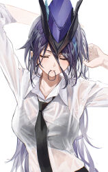 Rule 34 | 1girl, absurdres, arms up, black bra, black necktie, blue hair, bra, bra visible through clothes, breasts, clorinde (genshin impact), closed eyes, collared shirt, commentary, dark blue hair, genshin impact, hair between eyes, hair tie in mouth, hat, hidulume, highres, large breasts, long hair, long hair between eyes, mouth hold, multicolored hair, necktie, see-through, see-through shirt, shirt, solo, streaked hair, tricorne, underwear, upper body, wet, white background