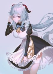 Rule 34 | absurdres, adjusting clothes, adjusting hair, ahoge, alternate costume, apron, bare legs, bell, blue hair, blue ribbon, boori988, bow, breasts, bridal garter, chromatic aberration, cleavage cutout, cleaver, clothing cutout, cowbell, dress, frilled dress, frills, ganyu (genshin impact), genshin impact, goat horns, highres, horns, large breasts, long hair, long sleeves, looking at viewer, low ponytail, maid, maid headdress, purple eyes, ribbon, sidelocks, simple background, solo, thighs