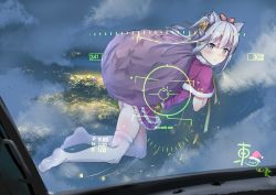 Rule 34 | 1girl, animal ears, azur lane, bell, blue eyes, blush, bow, capelet, cat ears, chinese commentary, closed mouth, cloud, cloudy sky, commentary request, frilled skirt, frills, fur-trimmed capelet, fur trim, hair bell, hair between eyes, hair bow, hair ornament, hammann (azur lane), highres, holding, holding sack, long hair, looking at viewer, looking outside, looking to the side, no shoes, one side up, pink bow, red capelet, red shirt, red skirt, sack, santa costume, shinonome satoshimare, shirt, signature, silver hair, skirt, sky, solo, thighhighs, thighs, through window, v-shaped eyebrows, white thighhighs