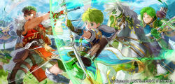 Rule 34 | 3boys, armor, arrow (projectile), axe, bow (weapon), boyd, brothers, company name, closed eyes, feathers, fingerless gloves, fire emblem, fire emblem: path of radiance, fire emblem cipher, gloves, green eyes, green hair, headband, highres, horse, leaf, male focus, mayo (becky2006), multiple boys, nintendo, official art, open mouth, oscar, polearm, quiver, rolf, rolf (fire emblem), siblings, sky, spear, teeth, weapon