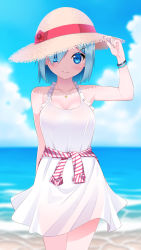 Rule 34 | 10s, 1girl, alternate hair color, blue eyes, blue hair, bracelet, breasts, cleavage, dress, hair ornament, hair over one eye, hairclip, hamakaze (kancolle), hat, highres, jewelry, kantai collection, looking at viewer, matching hair/eyes, ocean, pendant, short hair, smile, solo, straw hat, sundress, white dress, yasuto (eria151)