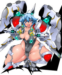 Rule 34 | 1girl, armor, bad id, bad pixiv id, blue eyes, blue hair, blush, breasts, cleavage, fang, huge breasts, matching hair/eyes, matsumoto katsuya, one eye closed, plump, solo, spread legs, squatting, thick thighs, thighs, wink