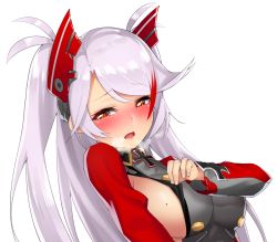 Rule 34 | 1girl, azur lane, blush, breasts, brown eyes, cross, fingernails, from side, hand up, heavy breathing, highres, iron cross, large breasts, long hair, long sleeves, looking at viewer, looking to the side, military, military uniform, mole, mole on breast, multicolored hair, nose blush, open mouth, prinz eugen (azur lane), red hair, sideboob, silver hair, simple background, solo, streaked hair, takurowo, two side up, uniform, upper body, white background