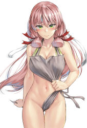 Rule 34 | 1girl, akashi (kancolle), apron, arm support, bare shoulders, blush, breasts, cleavage, collarbone, green eyes, groin, hair ribbon, hairband, highres, kantai collection, kokuzou, large breasts, long hair, looking at viewer, naked apron, navel, pink hair, ribbon, simple background, smile, solo, standing, stomach, thighs