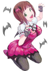 Rule 34 | 10s, 1girl, amami haruka, arms up, bat (animal), black thighhighs, breasts, brown hair, fang, fangs, fingerless gloves, gloves, green eyes, hair ornament, idolmaster, idolmaster (classic), idolmaster 2, issei, my dear vampire, open mouth, short hair, simple background, smile, solo, thighhighs, vampire