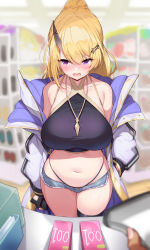 Rule 34 | 1girl, absurdres, bare shoulders, black gloves, black panties, blonde hair, blush, breasts, buying condoms, collarbone, commentary request, commission, condom box, fingerless gloves, gloves, hair ornament, hairclip, highres, horns, ichi-jirushi, indie virtual youtuber, jacket, jewelry, large breasts, long sleeves, looking to the side, makoto yukiko, midriff, navel, open clothes, open jacket, open mouth, panties, pendant, purple eyes, short shorts, shorts, single horn, skeb commission, sweat, thighs, underwear, virtual youtuber, white jacket