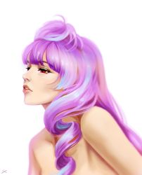 Rule 34 | 10s, 1girl, bad id, bad pixiv id, female focus, from side, highres, lips, long hair, macross, macross delta, mikumo guynemer, portrait, purple hair, realistic, red eyes, signature, simple background, solo, tenka, topless frame, upper body
