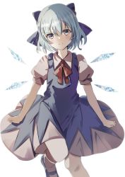 Rule 34 | 1girl, blue bow, blue dress, blue eyes, blue footwear, blue hair, blush, bow, bowtie, cirno, closed mouth, collared shirt, commentary request, dress, eyelashes, grey shirt, grey socks, hair between eyes, highres, ice, ice wings, leg up, looking at viewer, natsume suzuri, puffy short sleeves, puffy sleeves, red bow, red bowtie, shirt, shoes, short hair, short sleeves, simple background, smile, socks, solo, standing, standing on one leg, touhou, white background, wings